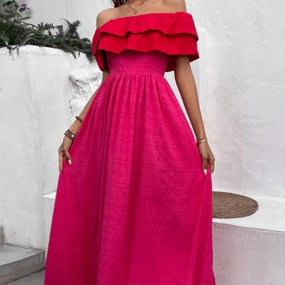 Red Preppy Womens Off Shoulder Ruffle Trim Dress - Picture 2 of 5